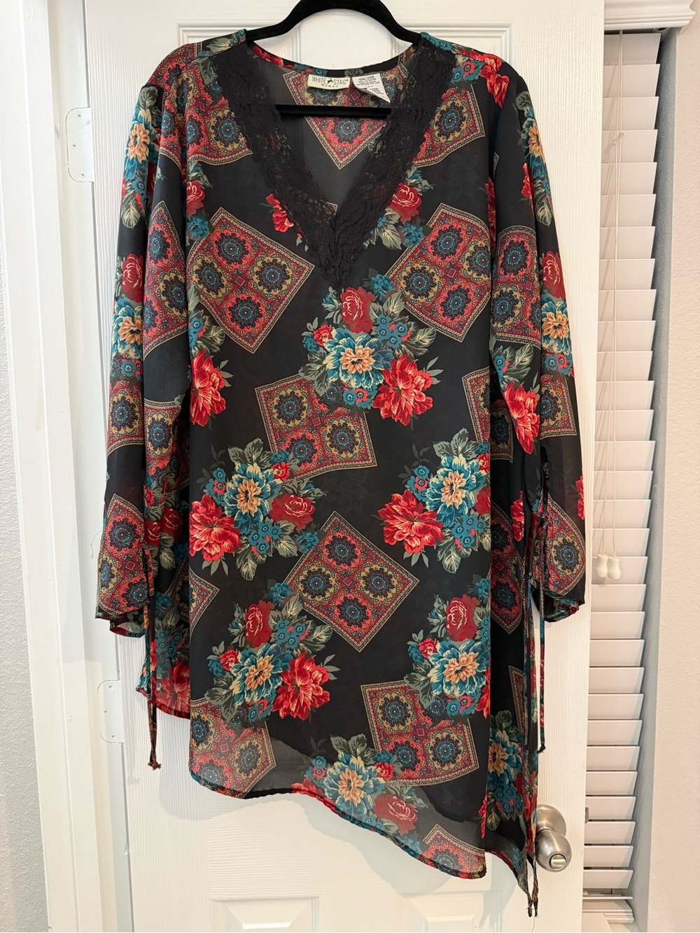 Tag Black Tunic with Red & Teal Floral Print and Lace V-Neck